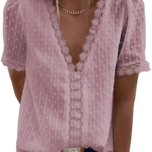 Women's Blouse Lace Shirt Short Sleeve Elegant Chiffon Tops Plain